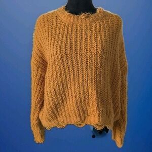 Love Gold Chunky Knit  Cropped Fringe Sweater Boho Revival Women's  Small EUC